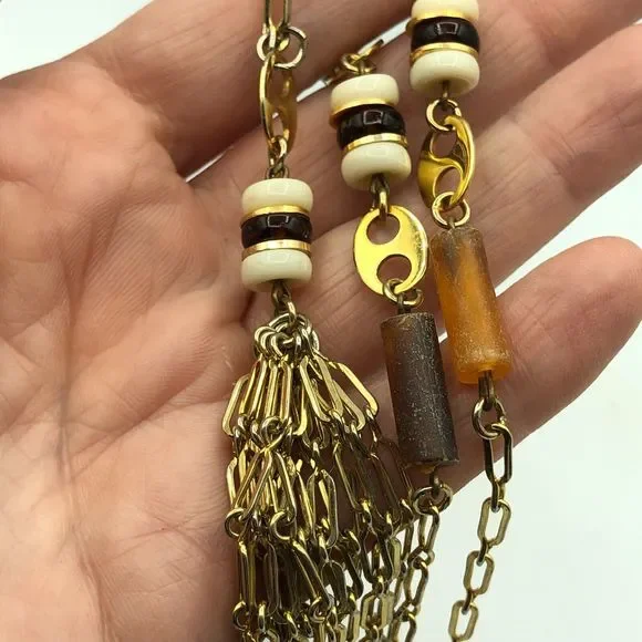 VINTAGE Gold Tone Tassel Beaded Pendant Retro Necklace, Disco Party Studio 54 - Picture 4 of 16